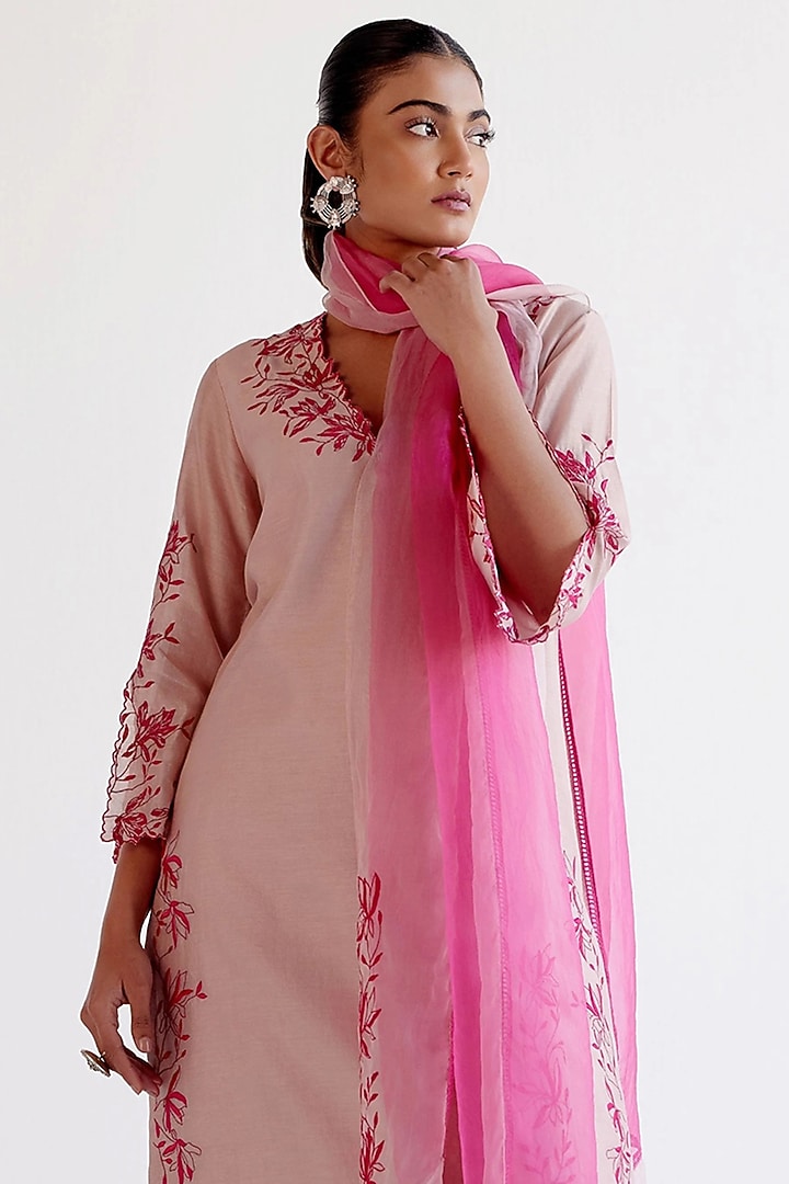 Blush Pink Silk Chanderi Resham Embroidered Kurta Set by Devnaagri at Pernia's Pop Up Shop