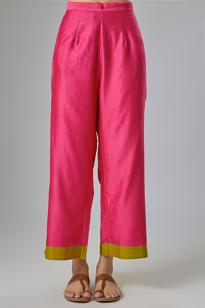 Fuchsia Pink Silk Chanderi Block Printed & Resham Embroidered Kurta Set by Devnaagri at Pernia's Pop Up Shop