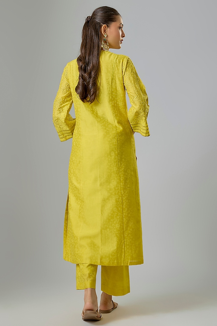 Lemon Yellow Silk Chanderi Block Printed & Resham Embroidered Kurta Set by Devnaagri at Pernia's Pop Up Shop