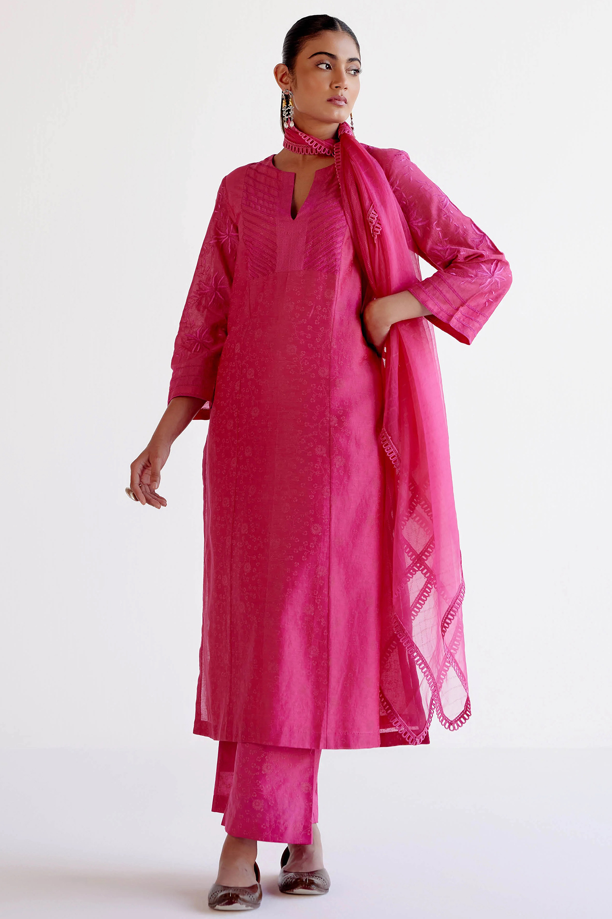 Fuchsia Pink Silk Chanderi Resham Embroidered & Printed Kurta Set by Devnaagri at Pernia's Pop Up Shop