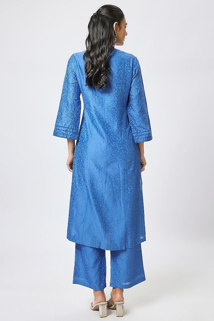 Bright Blue Silk Chanderi Resham Embroidered Kurta Set by Devnaagri at Pernia's Pop Up Shop