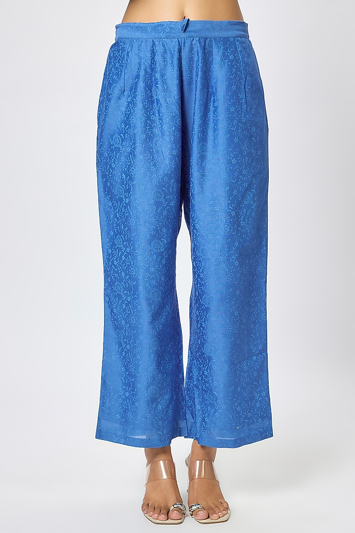 Bright Blue Silk Chanderi Resham Embroidered Kurta Set by Devnaagri at Pernia's Pop Up Shop