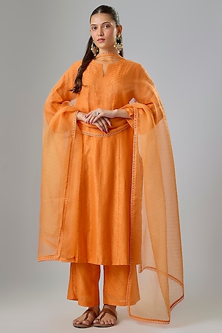 Orange Silk Chanderi Screen Printed & Resham Embroidered Kurta Set by Devnaagri