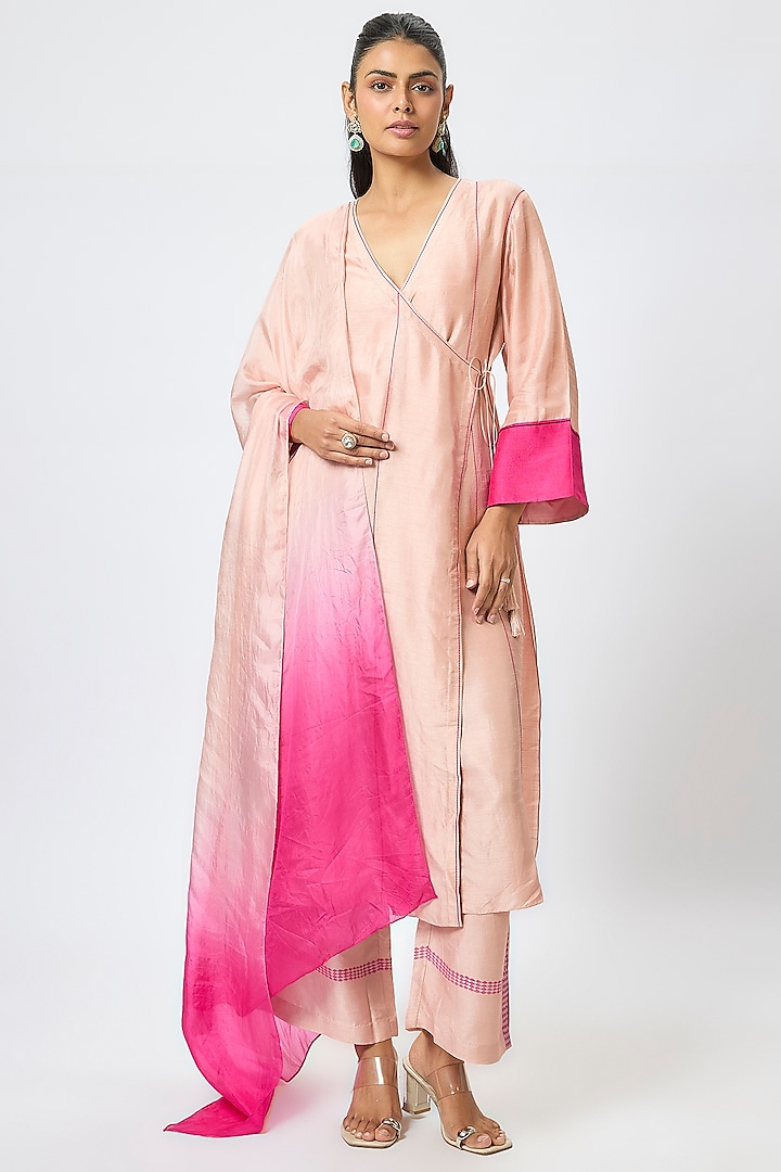 Pink Tussar Angrakha Kurta Set by Devnaagri at Pernia's Pop Up Shop