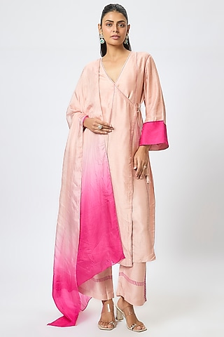Pink Tussar Angrakha Kurta Set by Devnaagri