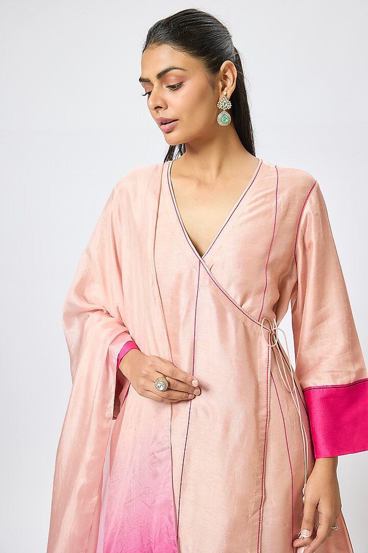 Pink Tussar Angrakha Kurta Set by Devnaagri at Pernia's Pop Up Shop
