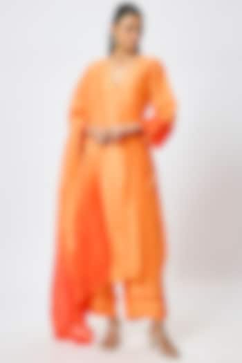 Orange Tussar Angrakha Kurta Set by Devnaagri at Pernia's Pop Up Shop