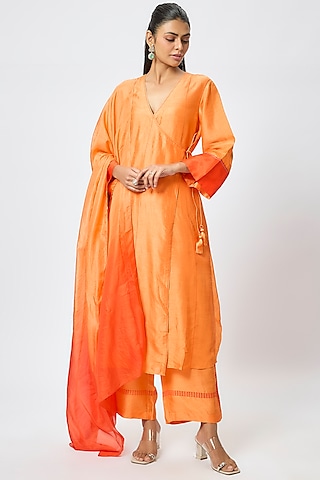 Orange Tussar Angrakha Kurta Set by Devnaagri