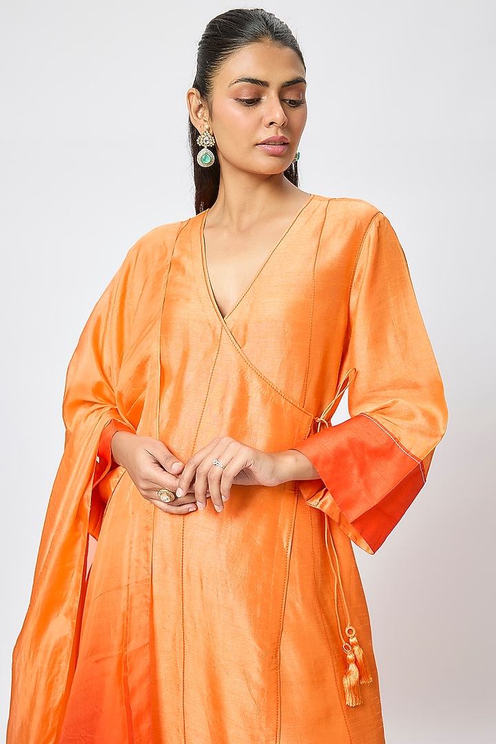 Orange Tussar Angrakha Kurta Set by Devnaagri at Pernia's Pop Up Shop