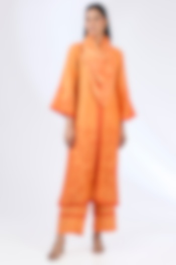 Orange Tussar Block Printed Kurta Set by Devnaagri at Pernia's Pop Up Shop