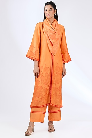 Orange Tussar Block Printed Kurta Set by Devnaagri