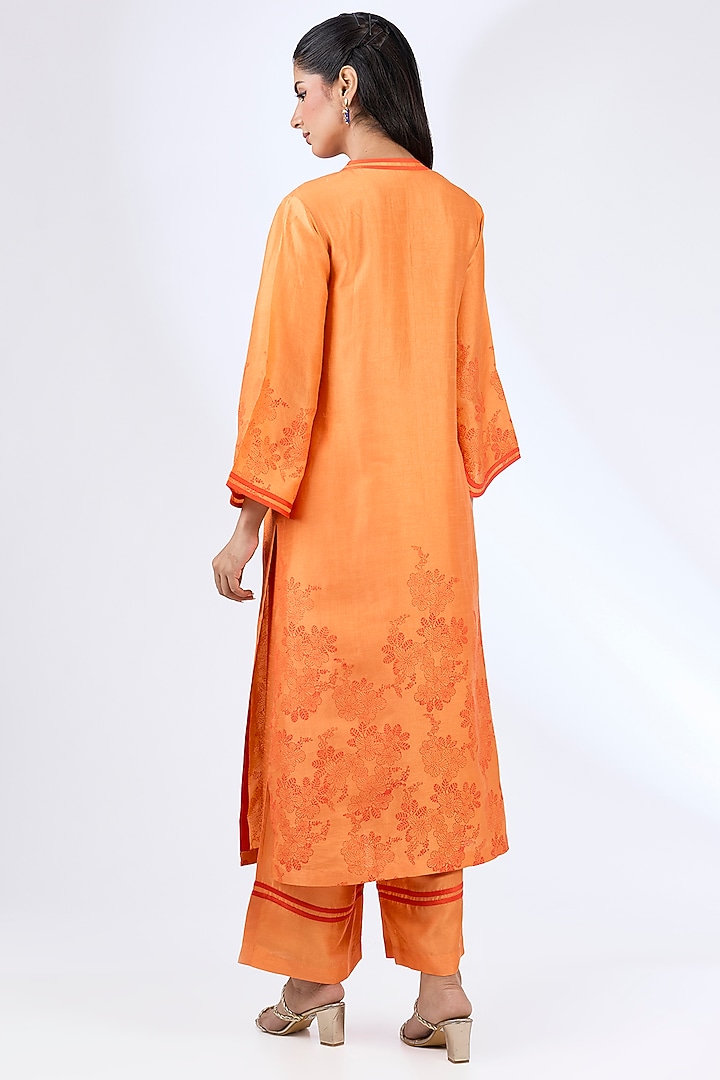 Orange Tussar Block Printed Kurta Set by Devnaagri at Pernia's Pop Up Shop