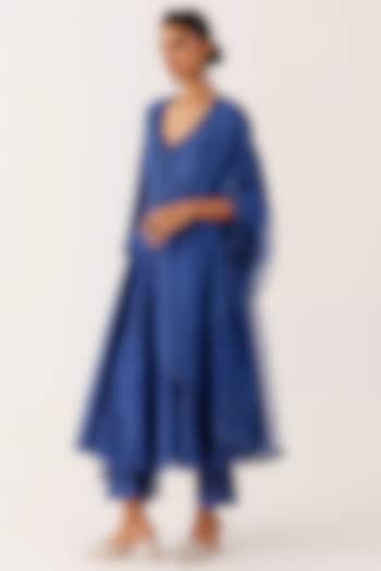 Royal Blue Silk Chanderi Dori Embroidered & Printed Wedding Anarkali Set by Devnaagri at Pernia's Pop Up Shop