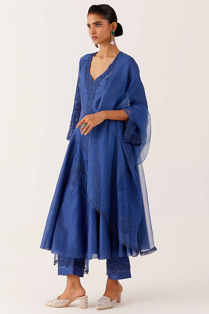 Royal Blue Silk Chanderi Dori Embroidered & Printed Wedding Anarkali Set by Devnaagri at Pernia's Pop Up Shop