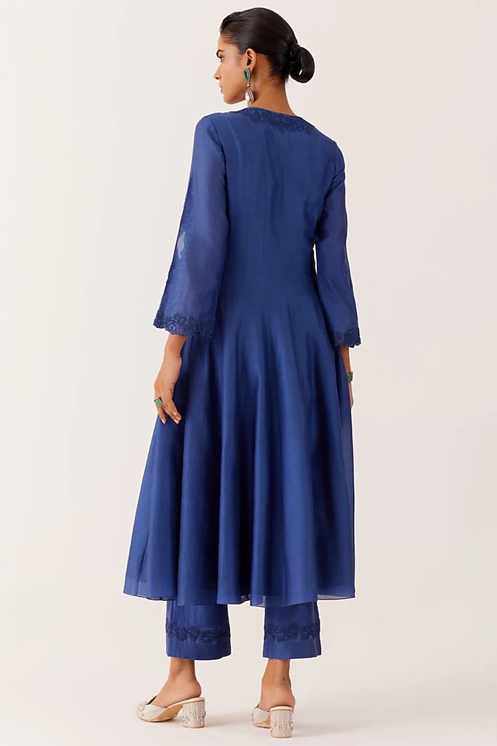 Royal Blue Silk Chanderi Dori Embroidered & Printed Wedding Anarkali Set by Devnaagri at Pernia's Pop Up Shop