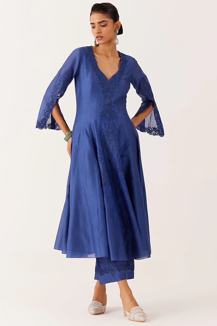Royal Blue Silk Chanderi Dori Embroidered & Printed Wedding Anarkali Set by Devnaagri at Pernia's Pop Up Shop