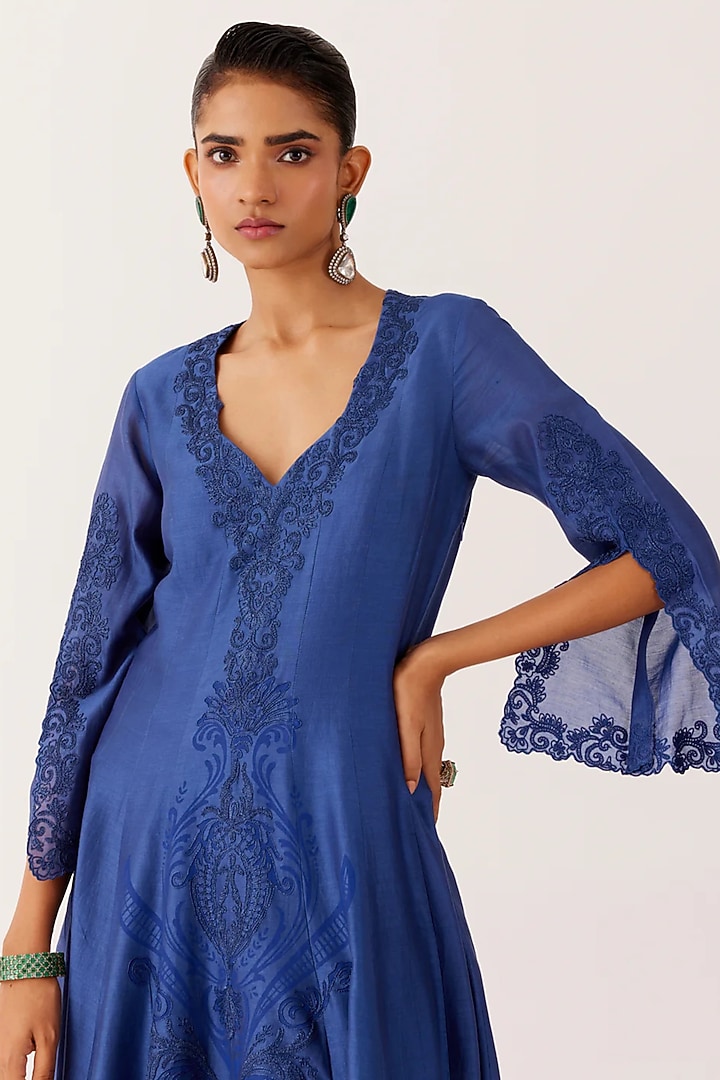 Royal Blue Silk Chanderi Dori Embroidered & Printed Wedding Anarkali Set by Devnaagri at Pernia's Pop Up Shop