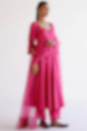 Fuchsia Pink Cotton Silk Blend Dori Embroidered Wedding Anarkali Set by Devnaagri at Pernia's Pop Up Shop