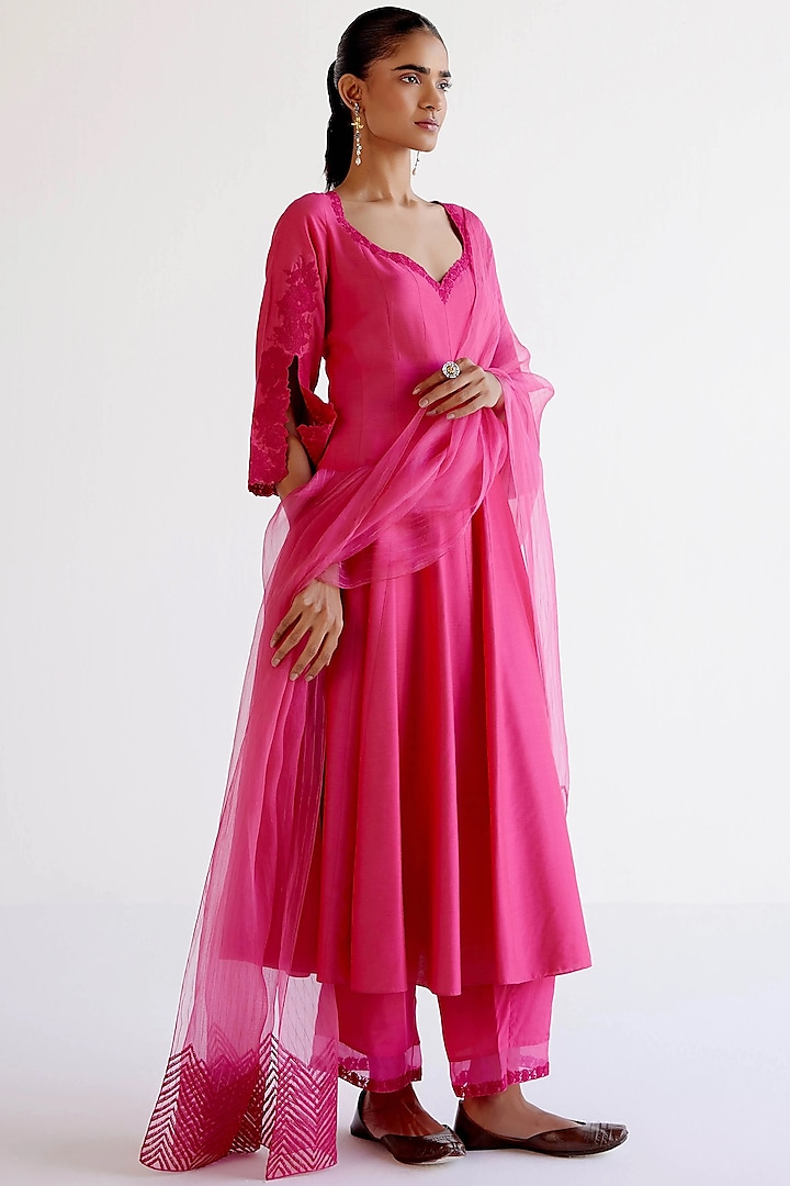 Fuchsia Pink Cotton Silk Blend Dori Embroidered Wedding Anarkali Set by Devnaagri at Pernia's Pop Up Shop