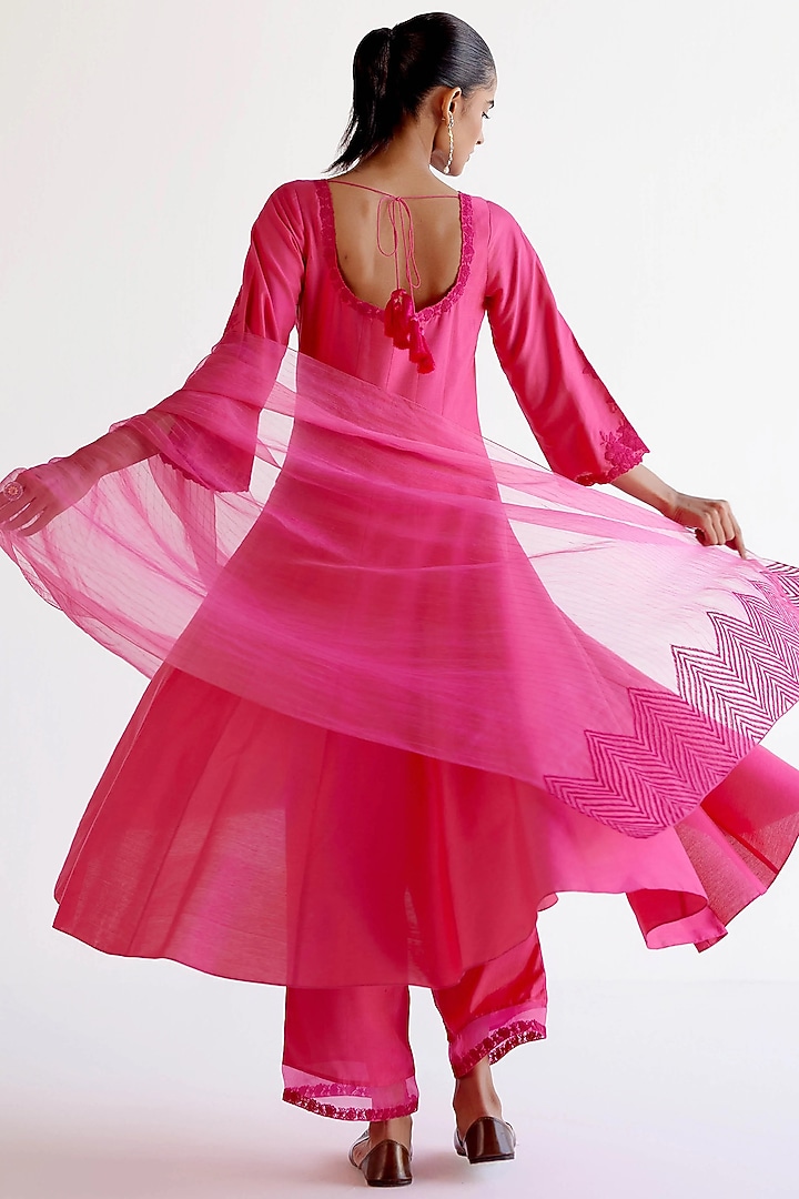 Fuchsia Pink Cotton Silk Blend Dori Embroidered Wedding Anarkali Set by Devnaagri at Pernia's Pop Up Shop