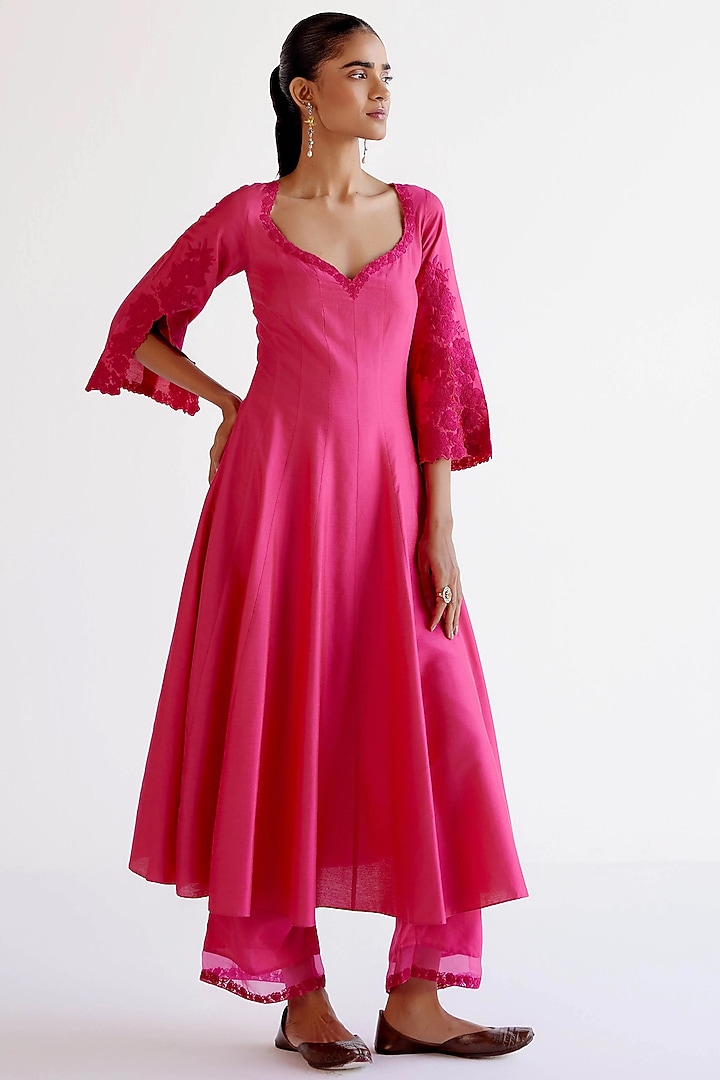 Fuchsia Pink Cotton Silk Blend Dori Embroidered Wedding Anarkali Set by Devnaagri at Pernia's Pop Up Shop