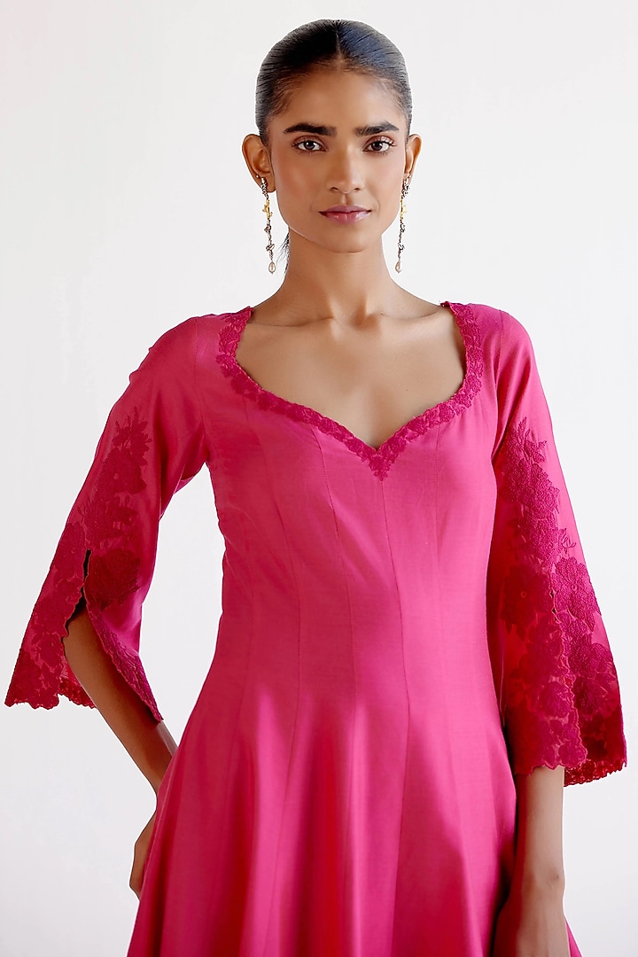 Fuchsia Pink Cotton Silk Blend Dori Embroidered Wedding Anarkali Set by Devnaagri at Pernia's Pop Up Shop