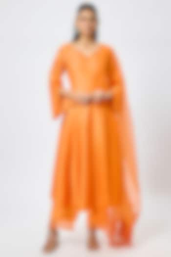 Orange Cotton Silk Blend Dori Embroidered Wedding Anarkali Set by Devnaagri at Pernia's Pop Up Shop
