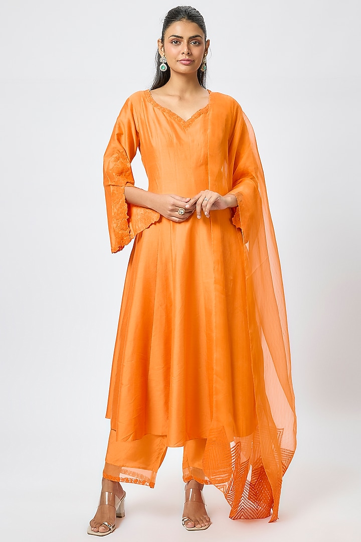 Orange Cotton Silk Blend Dori Embroidered Wedding Anarkali Set by Devnaagri at Pernia's Pop Up Shop
