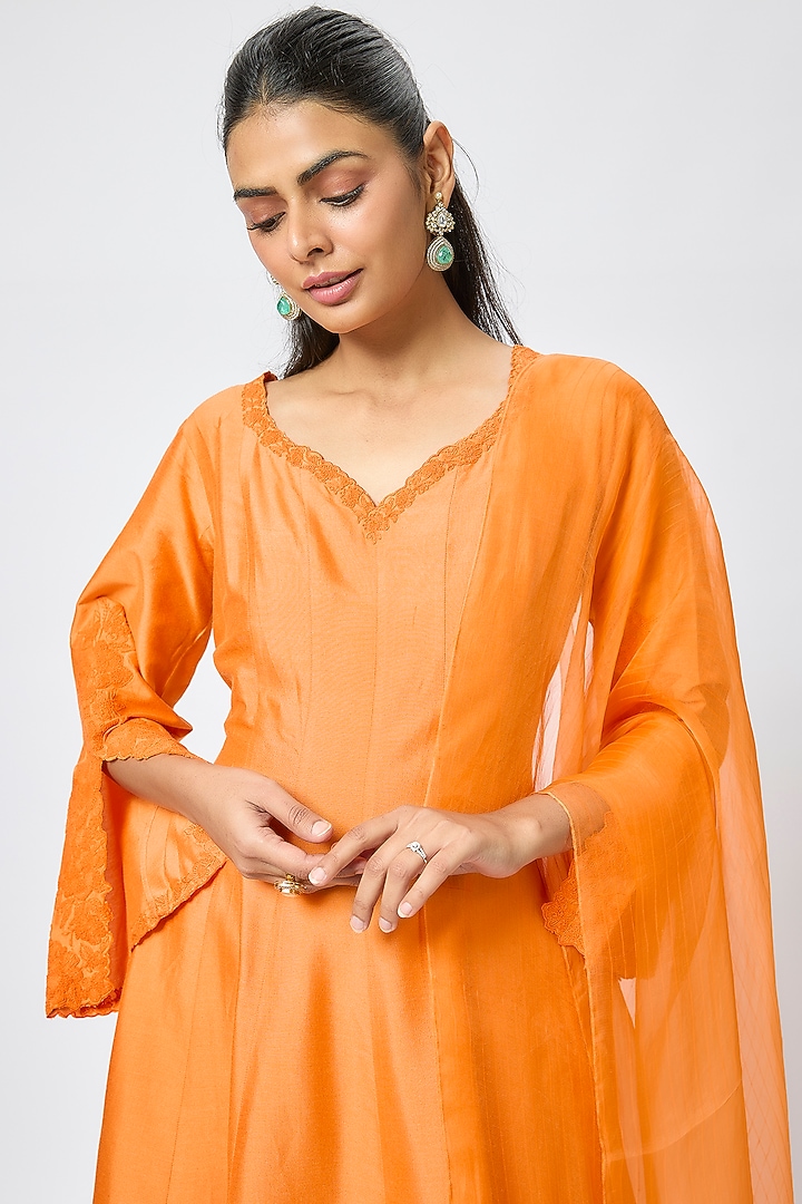Orange Cotton Silk Blend Dori Embroidered Wedding Anarkali Set by Devnaagri at Pernia's Pop Up Shop