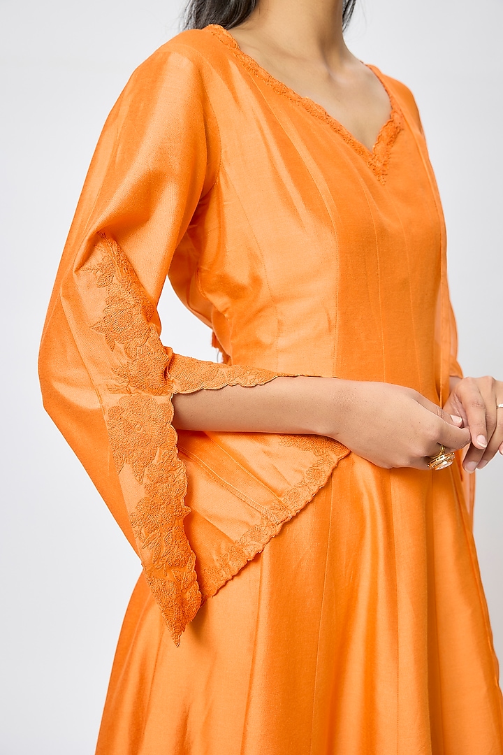 Orange Cotton Silk Blend Dori Embroidered Wedding Anarkali Set by Devnaagri at Pernia's Pop Up Shop