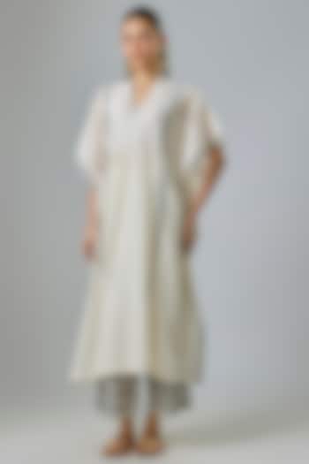 Ivory Silk Chanderi Block Printed & Aari Work Kaftan Set by Devnaagri at Pernia's Pop Up Shop