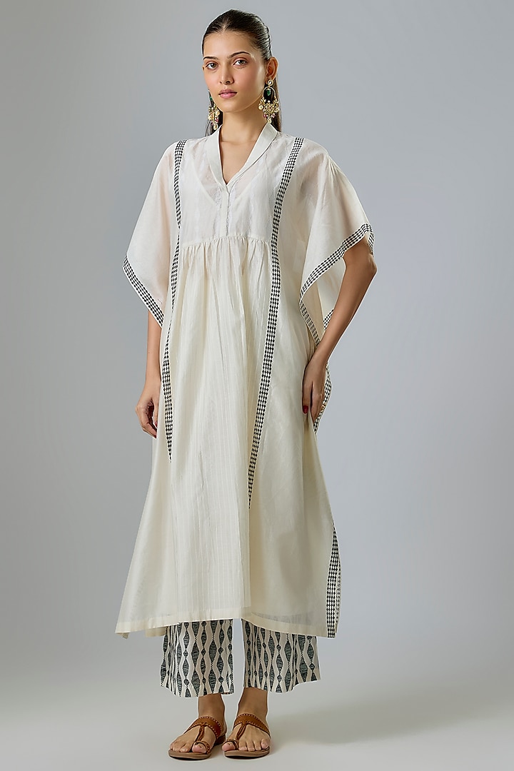 Ivory Silk Chanderi Block Printed & Aari Work Kaftan Set by Devnaagri at Pernia's Pop Up Shop