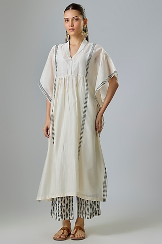 Ivory Silk Chanderi Block Printed & Aari Work Kaftan Set by Devnaagri