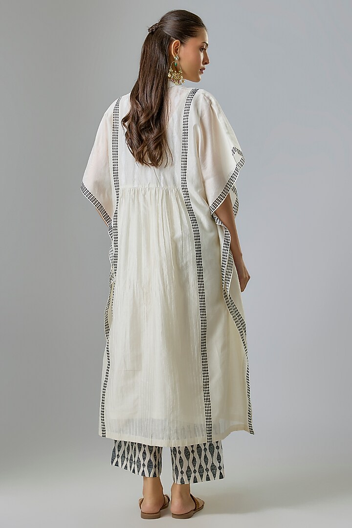 Ivory Silk Chanderi Block Printed & Aari Work Kaftan Set by Devnaagri at Pernia's Pop Up Shop