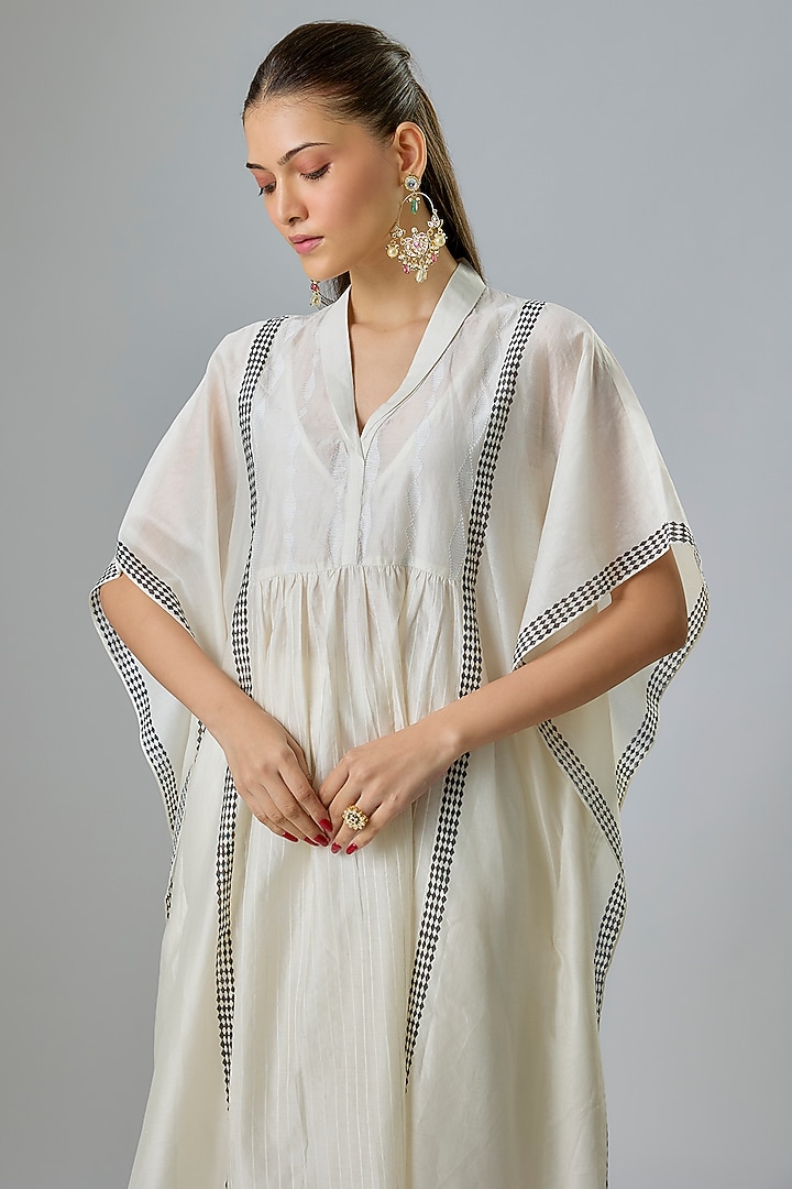 Ivory Silk Chanderi Block Printed & Aari Work Kaftan Set by Devnaagri at Pernia's Pop Up Shop