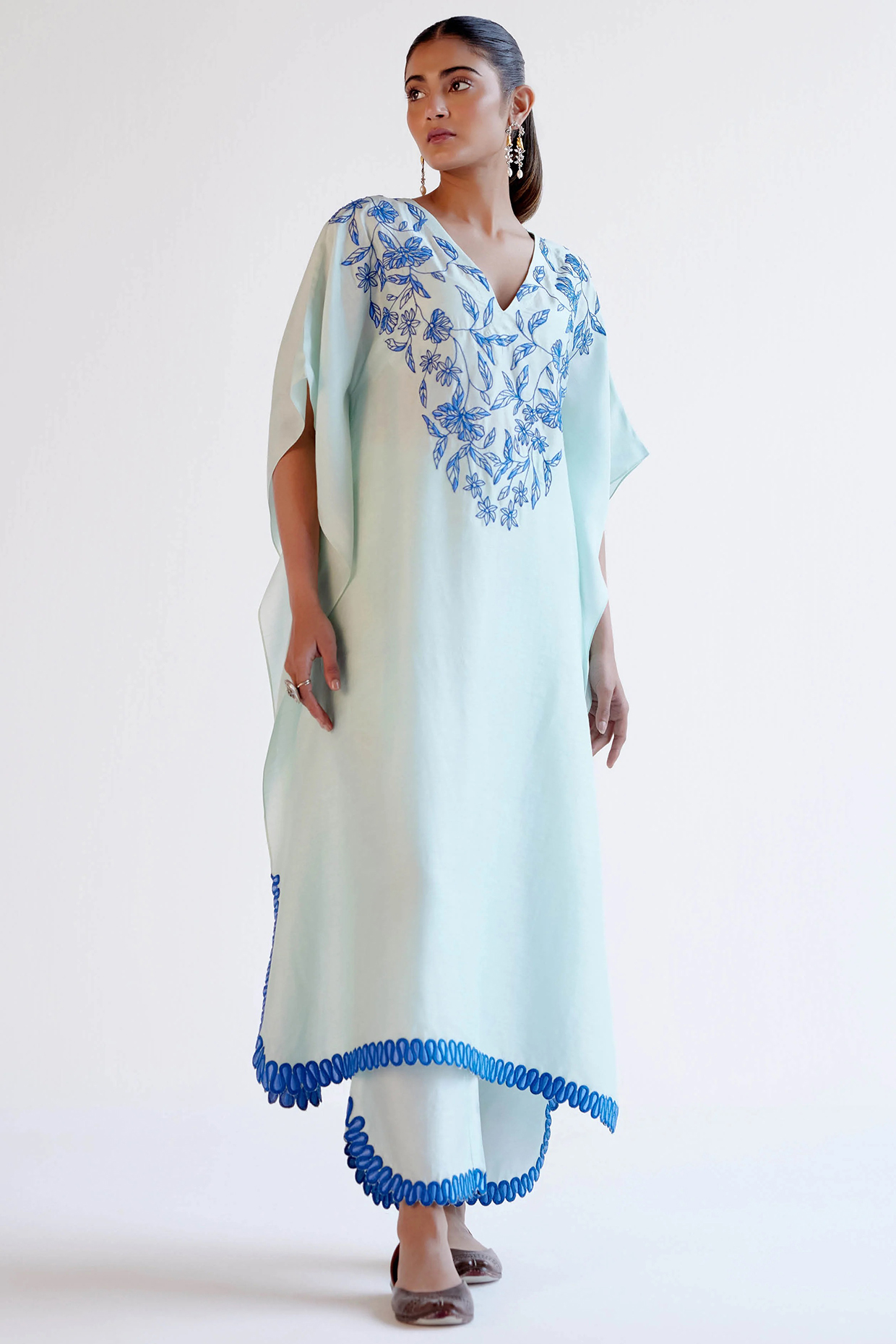 Light Blue Summer Tussar Resham Embroidered Kaftan Set by Devnaagri at Pernia's Pop Up Shop
