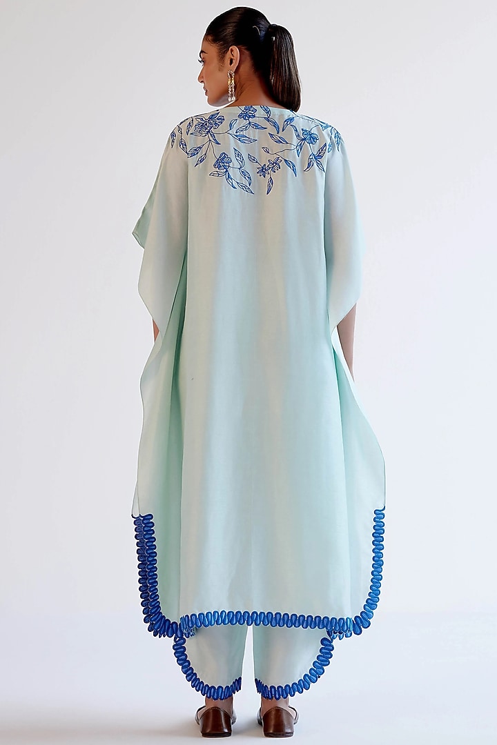 Light Blue Summer Tussar Resham Embroidered Kaftan Set by Devnaagri at Pernia's Pop Up Shop