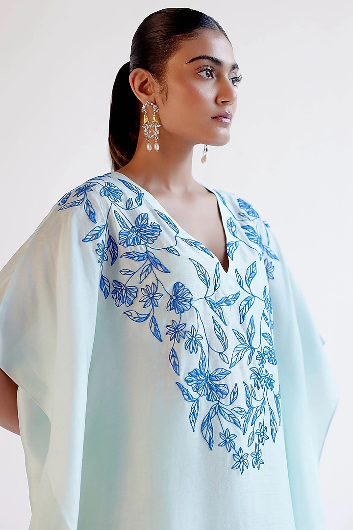 Light Blue Summer Tussar Resham Embroidered Kaftan Set by Devnaagri at Pernia's Pop Up Shop