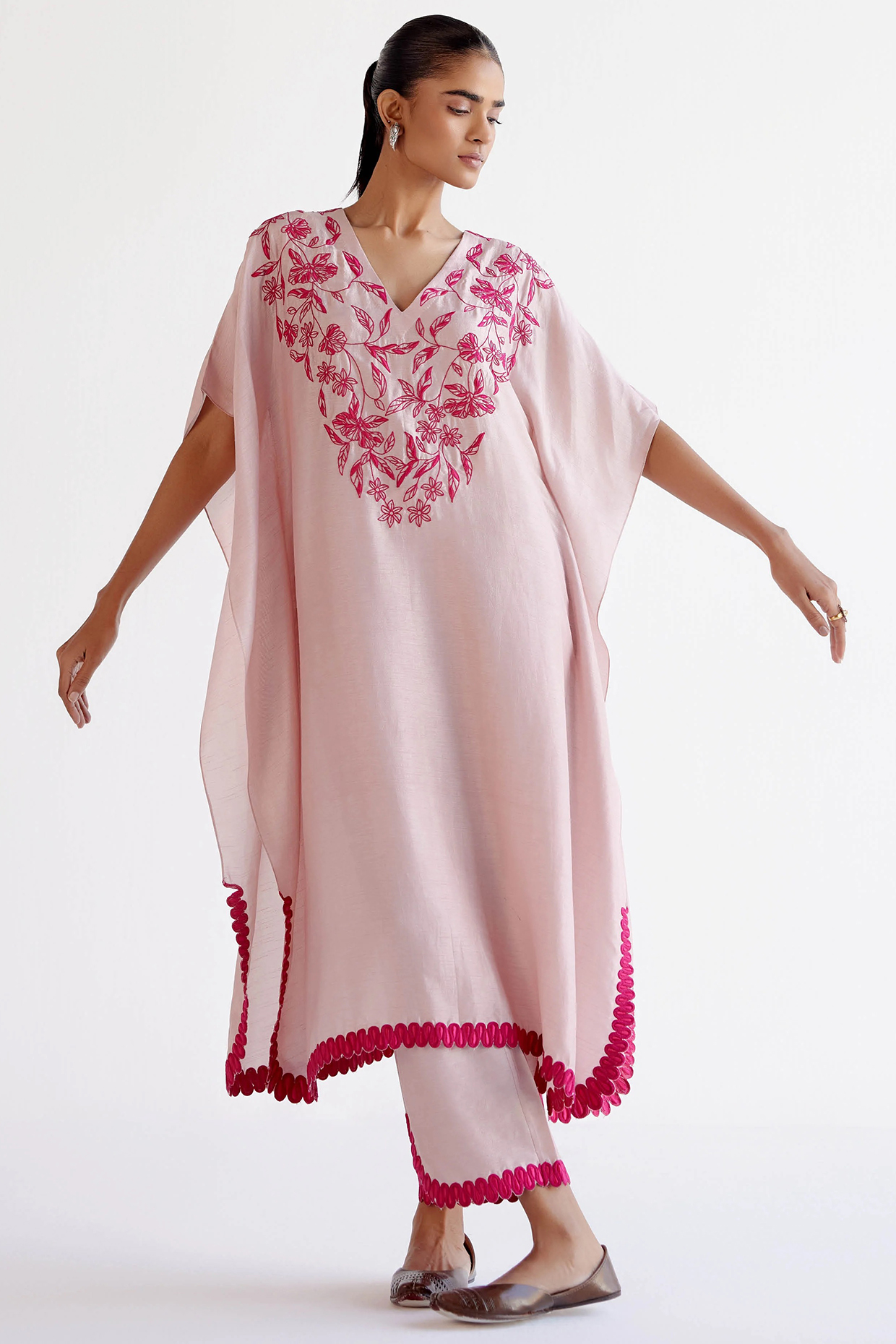 Blush Pink Summer Tussar Resham Embroidered Kaftan Set by Devnaagri at Pernia's Pop Up Shop