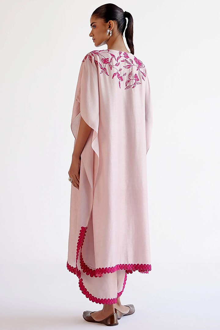 Blush Pink Summer Tussar Resham Embroidered Kaftan Set by Devnaagri at Pernia's Pop Up Shop