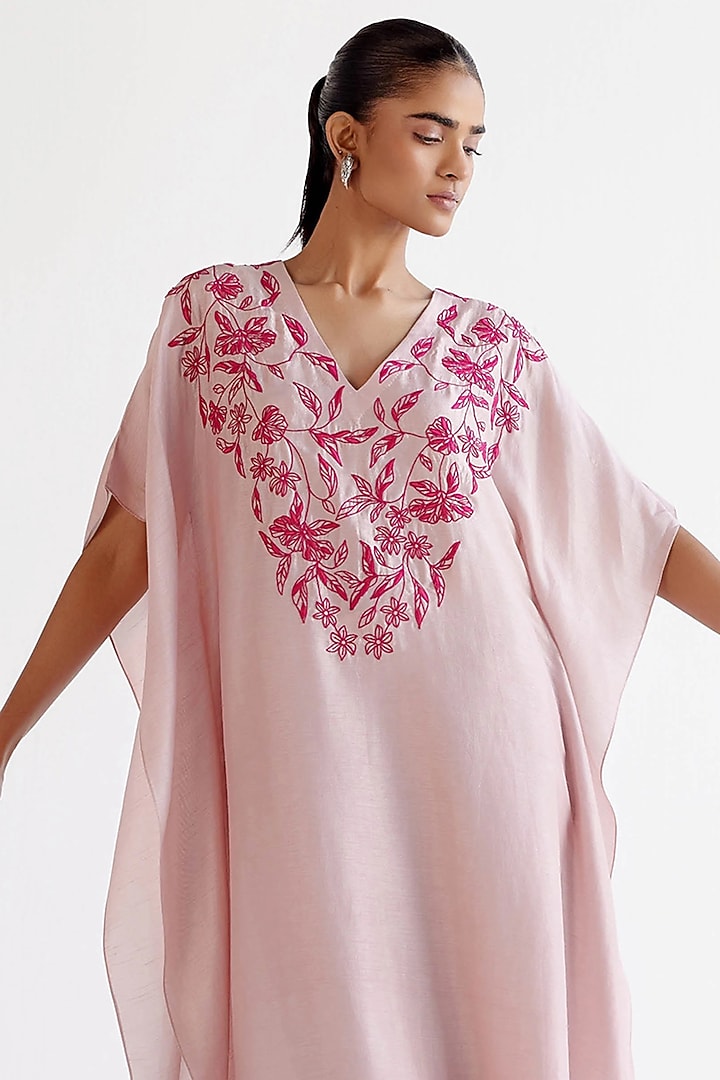Blush Pink Summer Tussar Resham Embroidered Kaftan Set by Devnaagri at Pernia's Pop Up Shop