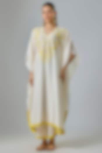Ivory Summer Tussar Resham Embroidered Kaftan Set by Devnaagri at Pernia's Pop Up Shop