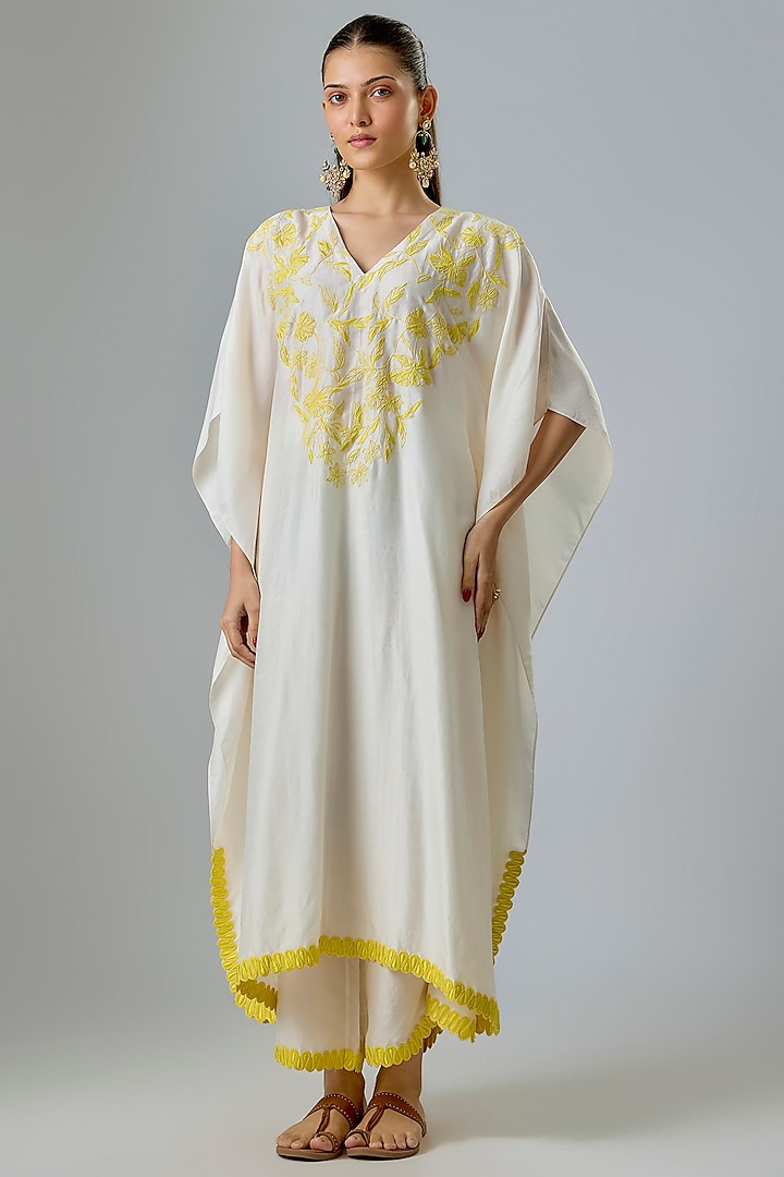 Ivory Summer Tussar Resham Embroidered Kaftan Set by Devnaagri at Pernia's Pop Up Shop