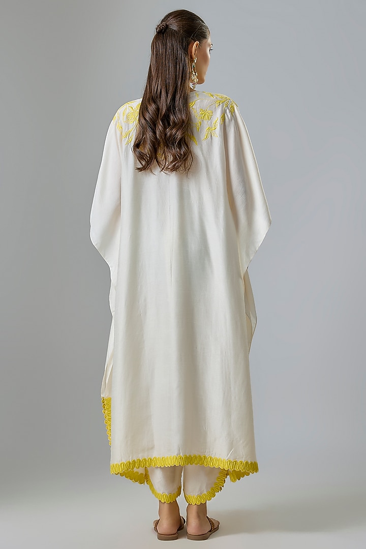 Ivory Summer Tussar Resham Embroidered Kaftan Set by Devnaagri at Pernia's Pop Up Shop
