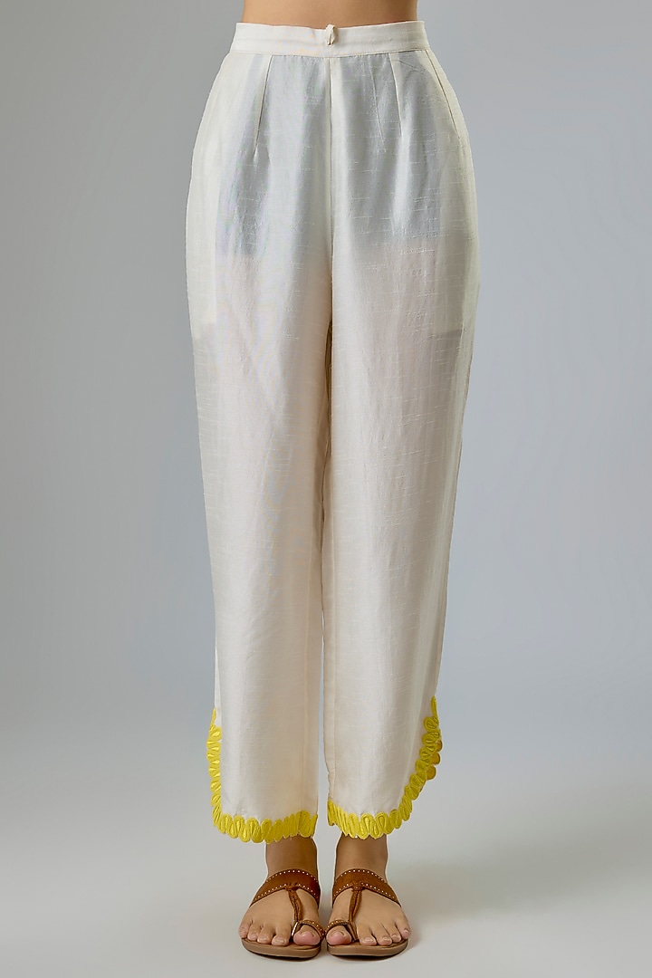 Ivory Summer Tussar Resham Embroidered Kaftan Set by Devnaagri at Pernia's Pop Up Shop
