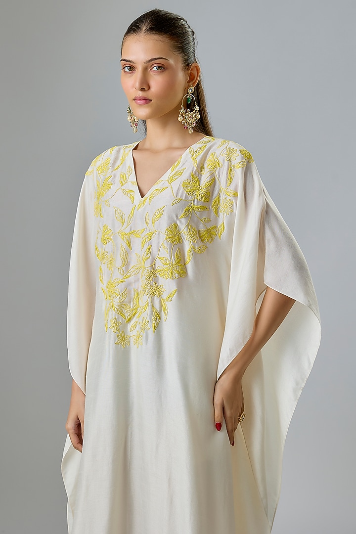 Ivory Summer Tussar Resham Embroidered Kaftan Set by Devnaagri at Pernia's Pop Up Shop