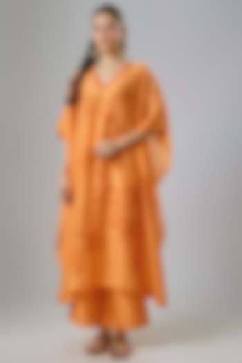 Orange Silk Chanderi Blocked Printed & Resham Embroidered Kaftan Set by Devnaagri at Pernia's Pop Up Shop