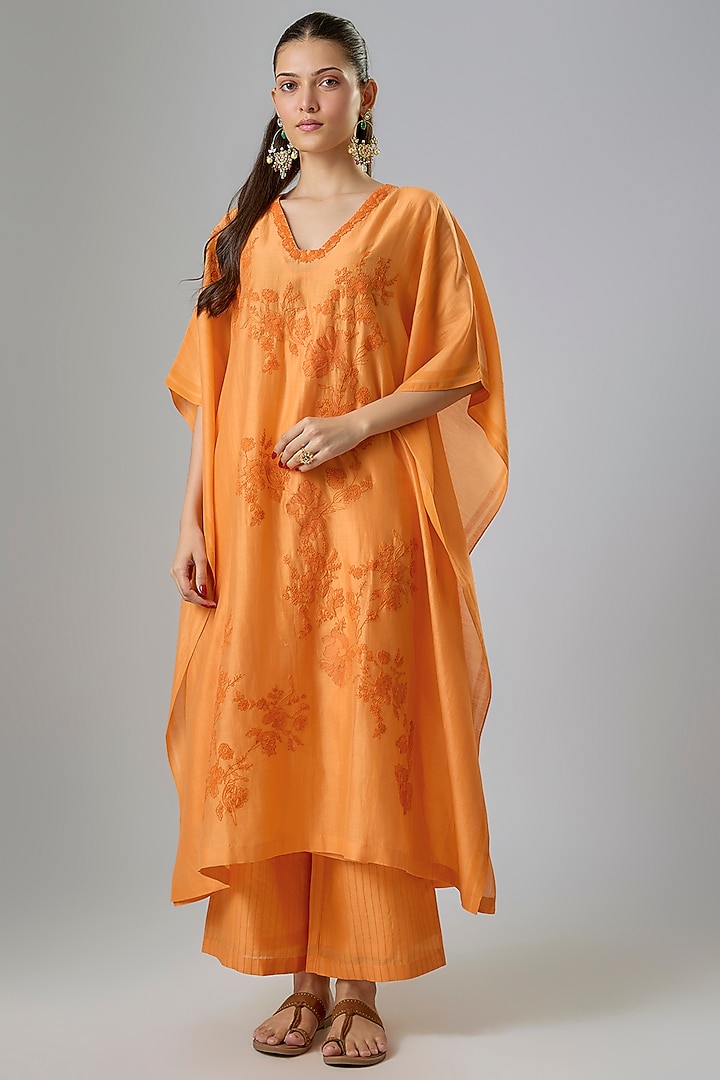 Orange Silk Chanderi Blocked Printed & Resham Embroidered Kaftan Set by Devnaagri at Pernia's Pop Up Shop