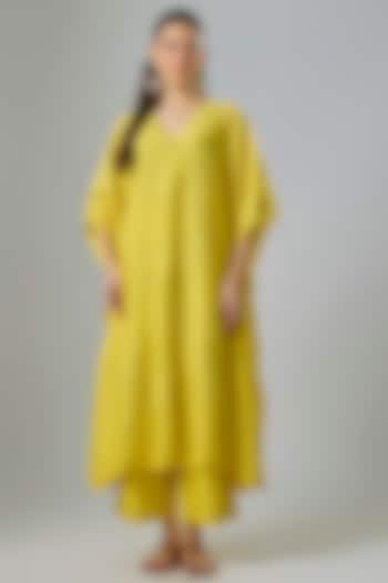 Yellow Silk Chanderi Blocked Printed & Resham Embroidered Kaftan Set by Devnaagri at Pernia's Pop Up Shop