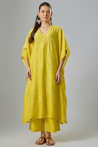 Yellow Silk Chanderi Blocked Printed & Resham Embroidered Kaftan Set by Devnaagri